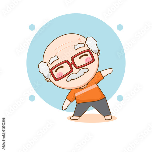 Happy grandpa practicing yoga. Old man doing gymnastic. chibi cartoon character. Vector art illustration