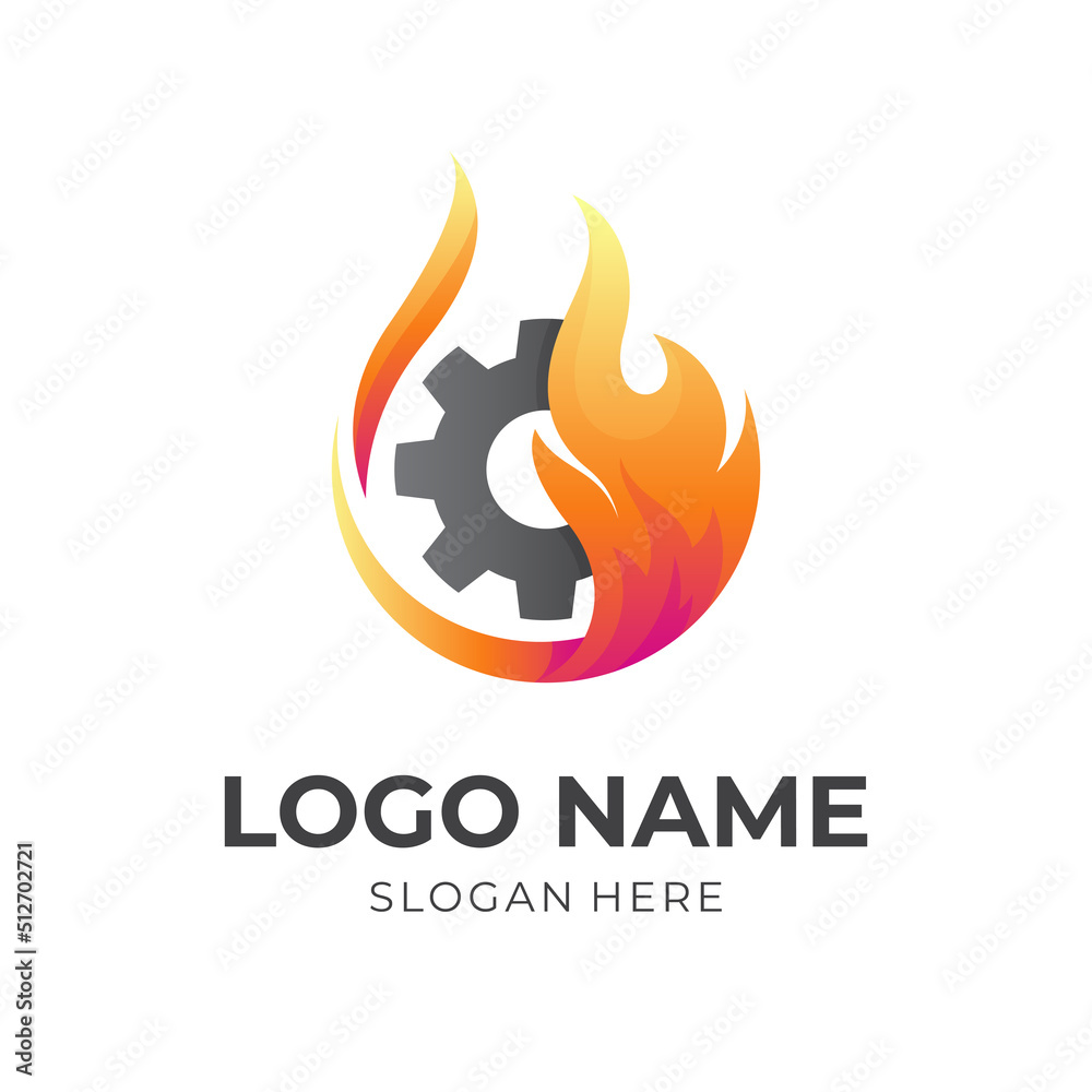 fire engine logo vector, fire and gear combination logo with 3d orange color style fire engine logo vector, fire and gear combination logo with 3d orange color style