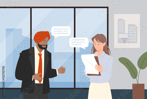 A businessman in a turban and suit is having a conversation with a business woman holding papers. office background. flat design style vector illustration.