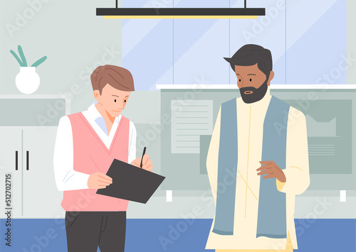 The manager is talking in traditional Indian clothes. The employee is taking notes of his words. office background. flat design style vector illustration.