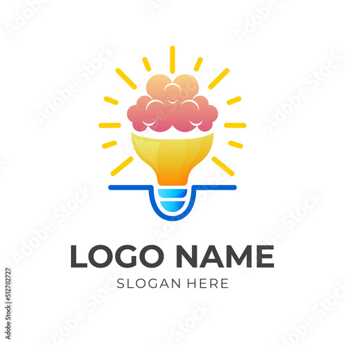brain inspiration logo template, brain and bulb combination logo with 3d colorful style