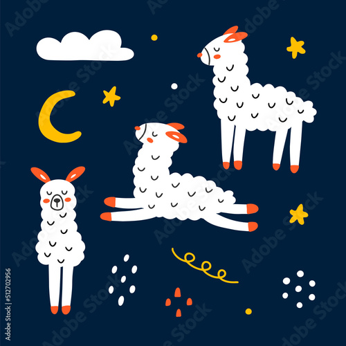 Set of cute white llamas isolated on a white background. Good night. Space collection for your design. Hand drawn vector illustration