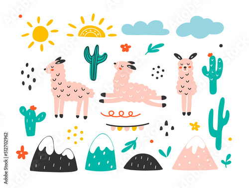 Set of pink llamas isolated on a white background. Collection of ellements for your design. Hand drawn vector illustration including cactus, sun, mountain and clouds