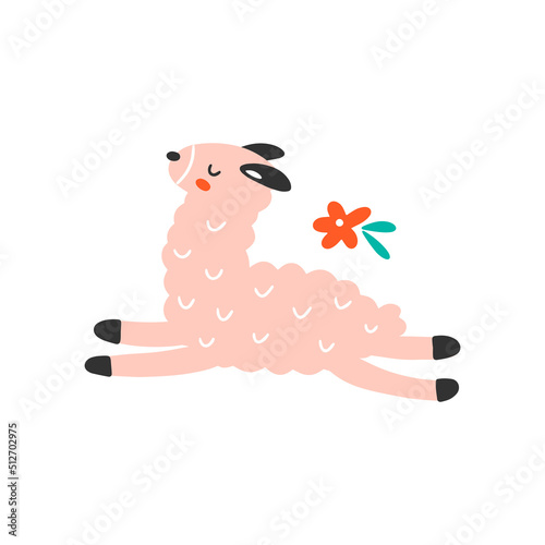 Pink cute running llama with a flower isolated on a white background. Hand drawn flat vector illustration. Nursery decoration. Stock vector illustration isolated on white background.