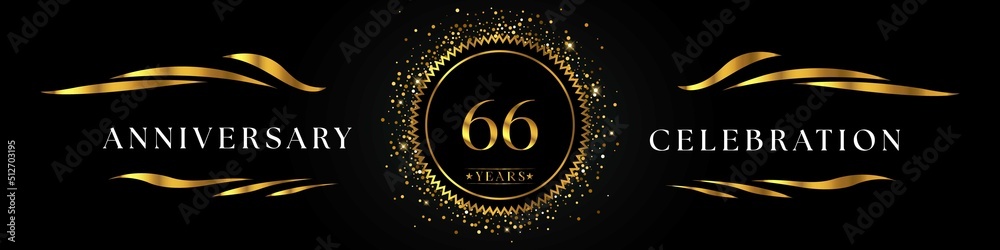 66 years anniversary celebration with golden sunburst on the black elegant background. Design for happy birthday, wedding or marriage, event party, greetings, ceremony, and invitation card.  