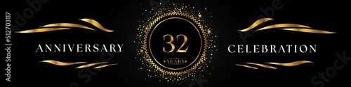 32 years anniversary celebration with golden sunburst on the black elegant background. Design for happy birthday, wedding or marriage, event party, greetings, ceremony, and invitation card. 