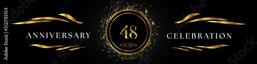 48 years anniversary celebration with golden sunburst on the black elegant background. Design for happy birthday, wedding or marriage, event party, greetings, ceremony, and invitation card. 