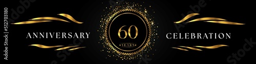 60 years anniversary celebration with golden sunburst on the black elegant background. Design for happy birthday, wedding or marriage, event party, greetings, ceremony, and invitation card.  
