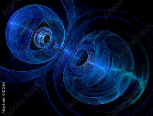 3D illustration. Fractal. Energetic light interaction of blue balls on a black background. Graphic element, texture for web design.