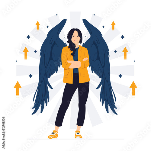 Confident cool business woman feeling satisfied, glad, stand with folded arms, standing with angel wings and high self esteem with proud smile concept illustration