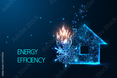 Concept of energy efficiency with house symbol, fire and snowflake on dark blue background. 