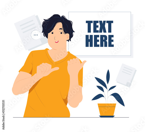 Showing and pointing fingers upper left and right corner with happy expression advices use this copy space wisely concept illustration