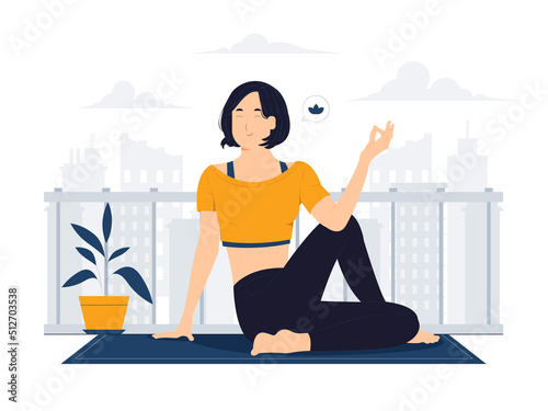 Beautiful young woman practicing yoga at home, Relaxed and patient smiling with closed eyes meditating to calm down, do breathing exercises with hands in zen gesture concept illustration