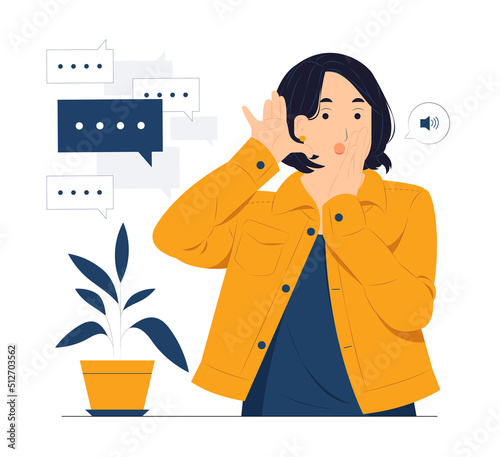 Hearing, listening, curiosity, gossip, deafness, pay attention and woman holding hand near ear concept illustration