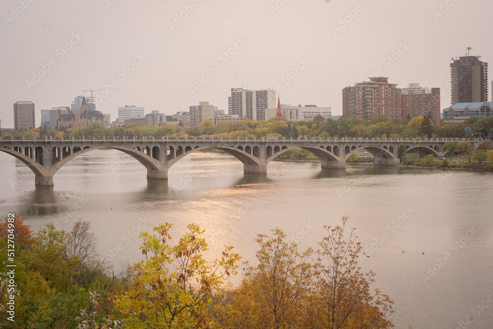 Saskatoon's Bridge and City in Autumn view from 