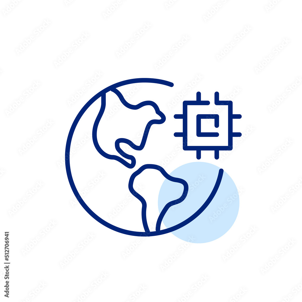Global digitalisation process. Earth with CPU chip. Pixel perfect, editable stroke line art icon Global digitalisation process. Earth with CPU chip. Pixel perfect, editable stroke line art icon