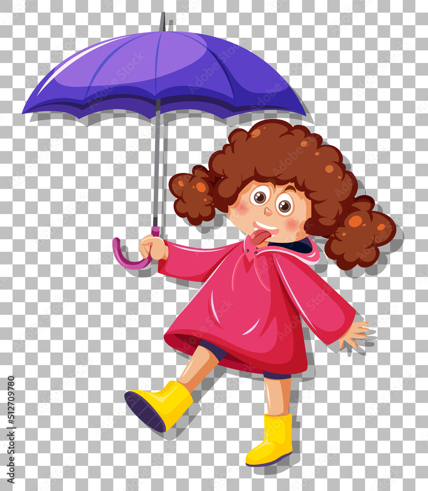 A girl in pink raincoat with umbrell grid background A girl in pink raincoat with umbrell grid background