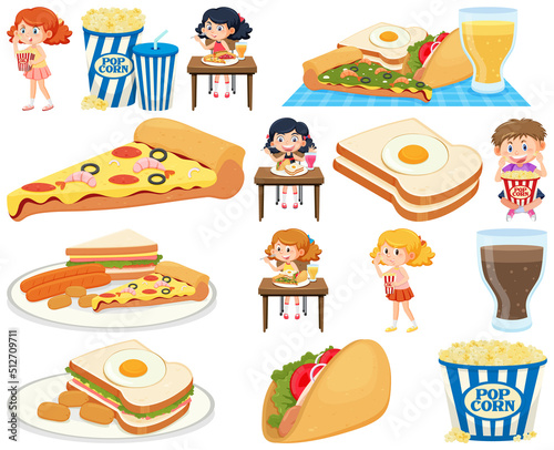 Set of different junk foods and kids