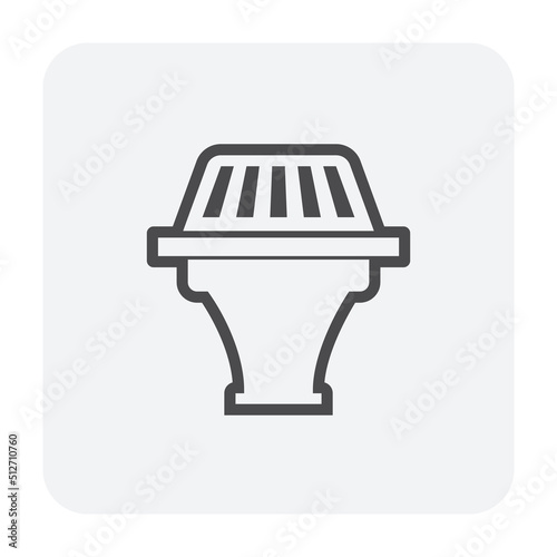 Commercial roof drain vector icon consist of cover dome strainer or guard, bowl, adapter, extension pipe for installation in drainage system to drain rain water from gutter, roof deck surface area.
