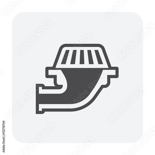 Commercial roof drain vector icon consist of cover dome strainer or guard, bowl, adapter, extension pipe for installation in drainage system to drain rain water from gutter, roof deck surface area.
