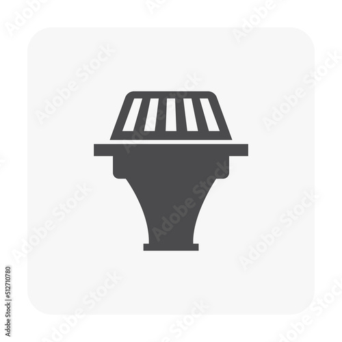 Commercial roof drain vector icon consist of cover dome strainer or guard, bowl, adapter, extension pipe for installation in drainage system to drain rain water from gutter, roof deck surface area.
