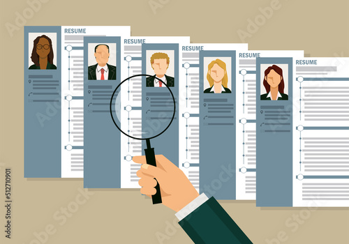 Illustrations to sort by looking at the resume with a magnifying glass and loupe. job hunting.