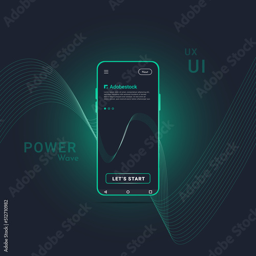 Creative smartphone layout. Green frame with neon glowing background - UI UX mockup. Suitable for technology concept, promotion, e-commerce, presentation, banner, flyer. Modern vector illustration.