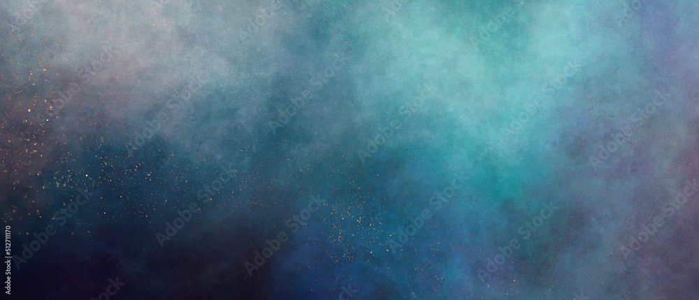 暗い星空のイラスト背景）緑と白の星雲　横長のバナー　スペース　夜　金粉　綺麗　宇宙　ダーク