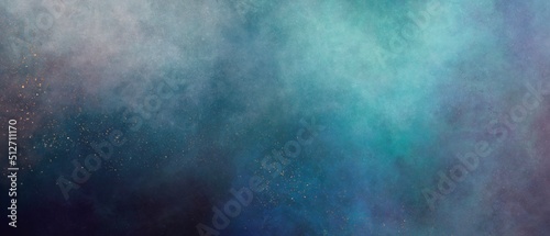 暗い星空のイラスト背景）緑と白の星雲 横長のバナー スペース 夜 金粉 綺麗 宇宙 ダーク