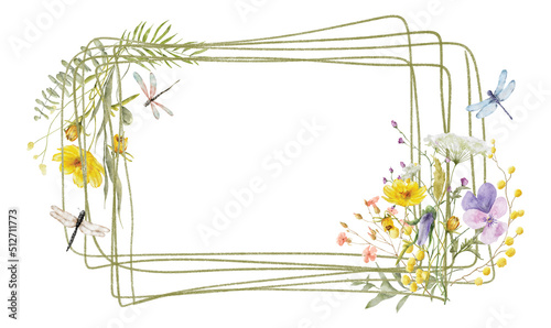 Wild flowers watercolor frame botanical hand drawn illustration