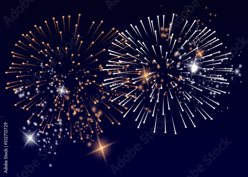 Pyrotechnics and fireworks set with animation on black background realistic isolated vector illustration.