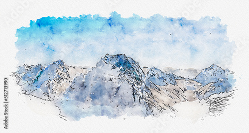 Watercolor painting illustration of high mountains covered with snow  © SDF_QWE