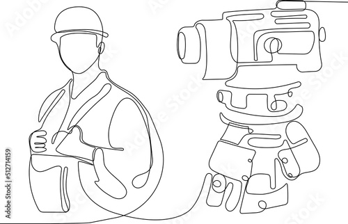 Close up of young Caucasian worker with helmet on head using tablet for work while standing in warehouse. Surveyor with a tripod icon. Geodesic tripod. Vector illustration