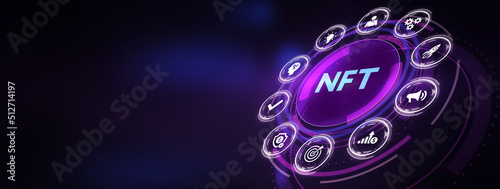NFT Non-fungible token digital crypto  on virtual screen. photo