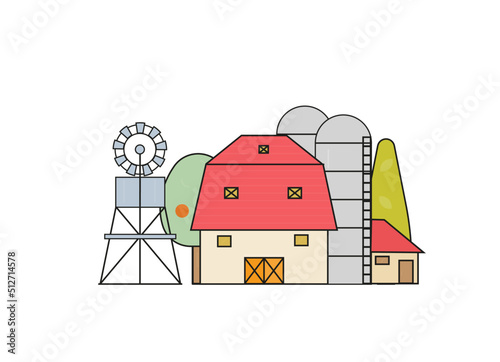 red barn, silo, windmill vector flat illustation