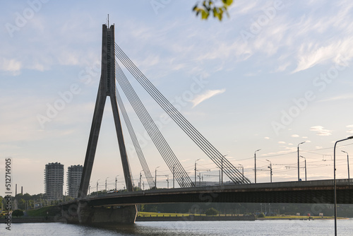 Vansu Bridge landmark building in Riga photographed in sunset light. Travel to Latvia.