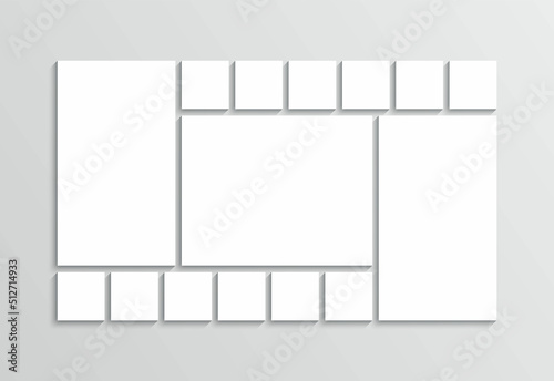 Organised portfolio template. Collage grid. Photo moodboard layout. Mosaic pictures frame. Gallery banner. Album brandboard. White images isolated on gray background. Vector illustration
