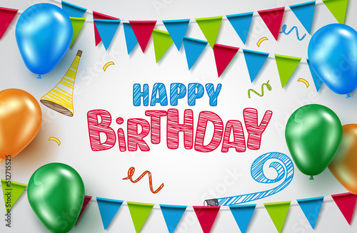 Birthday greeting vector background design. Happy birthday text in doodle drawing with pennants and balloons 3d elements  for celebrating  kids birth day party. Vector illustration.
