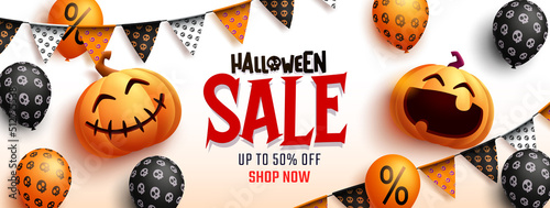 Halloween sale vector banner design. Halloween sale text with seasonal discount offer for trick or treat holiday promo ads. Vector illustration.
