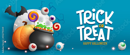 Halloween celebration vector background design. Trick or treat text with eyeballs, pumpkin and candies in pot element for halloween night decoration. Vector illustration.
