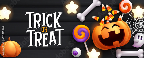 Halloween vector concept design. Trick or treat text with pumpkin basket full of candies and lollipop elements in wood background for halloween night celebration. Vector illustration.
