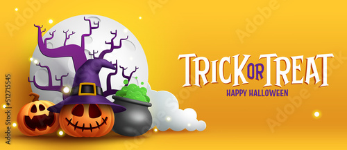 Halloween celebration vector design. Trick or treat text with jack o pumpkin character, moon and potion pot elements for halloween celebration. Vector illustration.
 photo