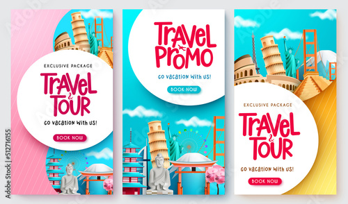 Travel package vector poster set. Travel promo text collection in exclusive discount with worldwide tourist destination landmarks for travelling  sale offer design. Vector illustration.

