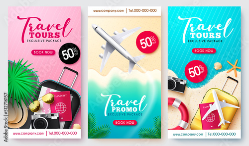 Travel promo vector poster set design. Travel tours exclusive package text collection in half the price discount with travelling elements for tourist vacation sale offer. Vector illustration. 