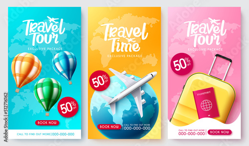Travel tour vector poster set. Travel package collection in exclusive discount with tourist elements for travelling sale offer design. Vector illustration.
