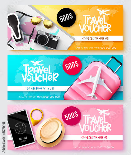 Travel voucher vector banner set design. Travel vacation voucher text collection with flight discount and travelling elements for tourist transportation promo. Vector illustration.
