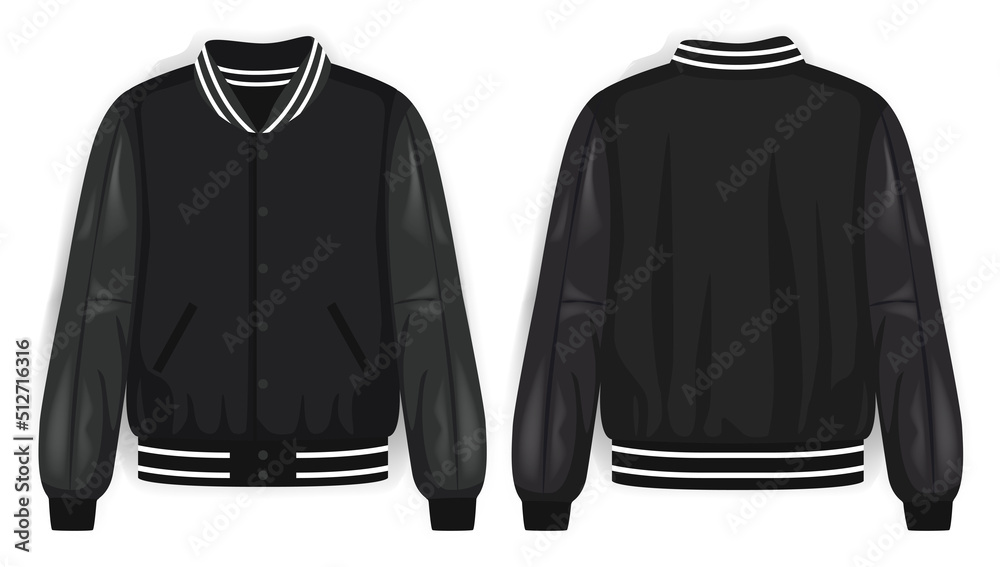 Black varsity jacket front and back view, vector mockup illustration ...