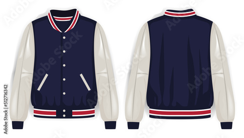 Blue, white, and red varsity jacket front and back view, vector mockup illustration