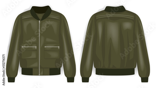 Green bomber jacket army front and back view, vector mockup illustration