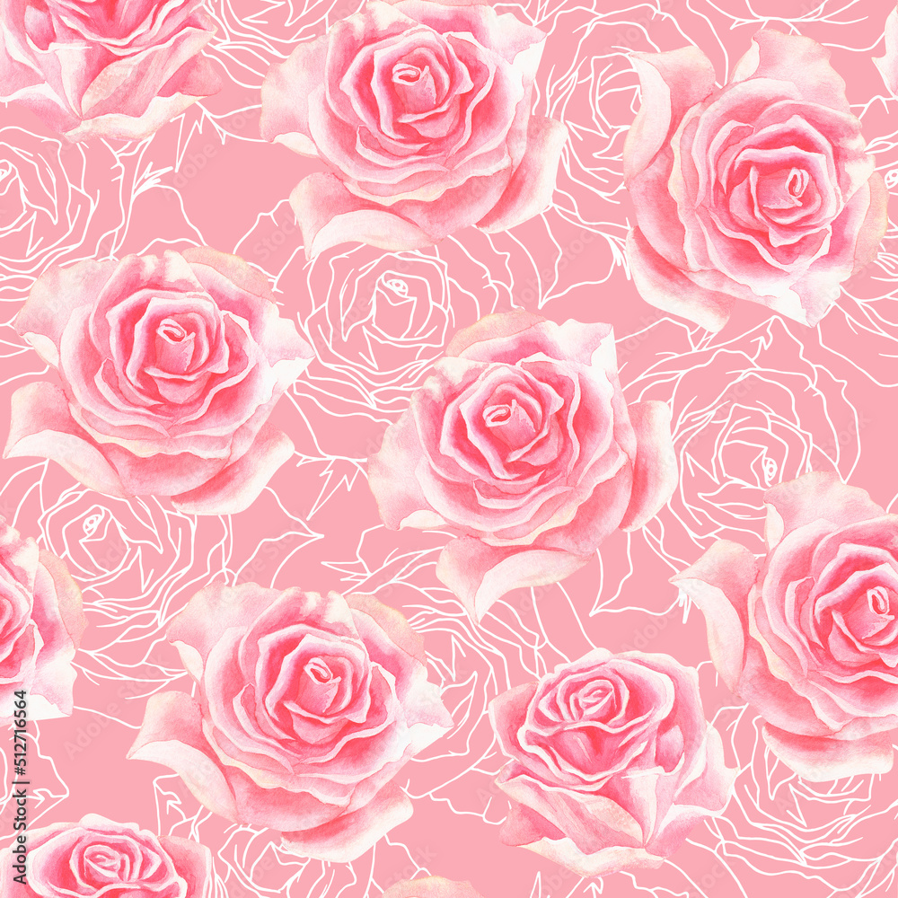Seamless pattern rose. Watercolor illustration and line art. Isolated on a pink background.